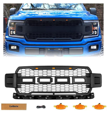 For 2018-2020 Ford F150 Raptor Style Conversion Front Hood Grille W/ 3 Amber LED & Letters