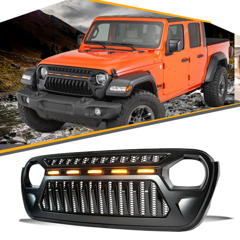 Front Grille for 2018-2022 Jeep Wrangler JL & Gladiator JT  Mojave Front Grille W/5 Amber LED Running Lights, Black
